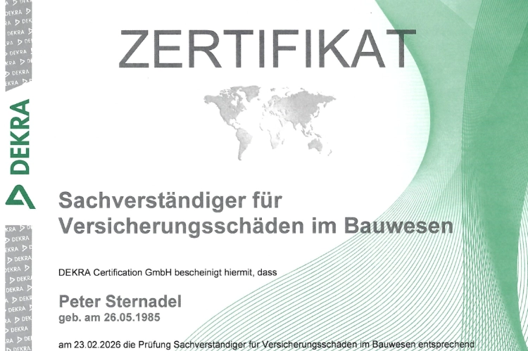 Zertifikat - Gutachter für Versicherungsschäden im Bauwesen