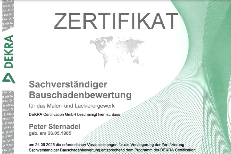 Zertifikat - Gutachter für Bauschädenbewertung im Maler und Lackierergewerk